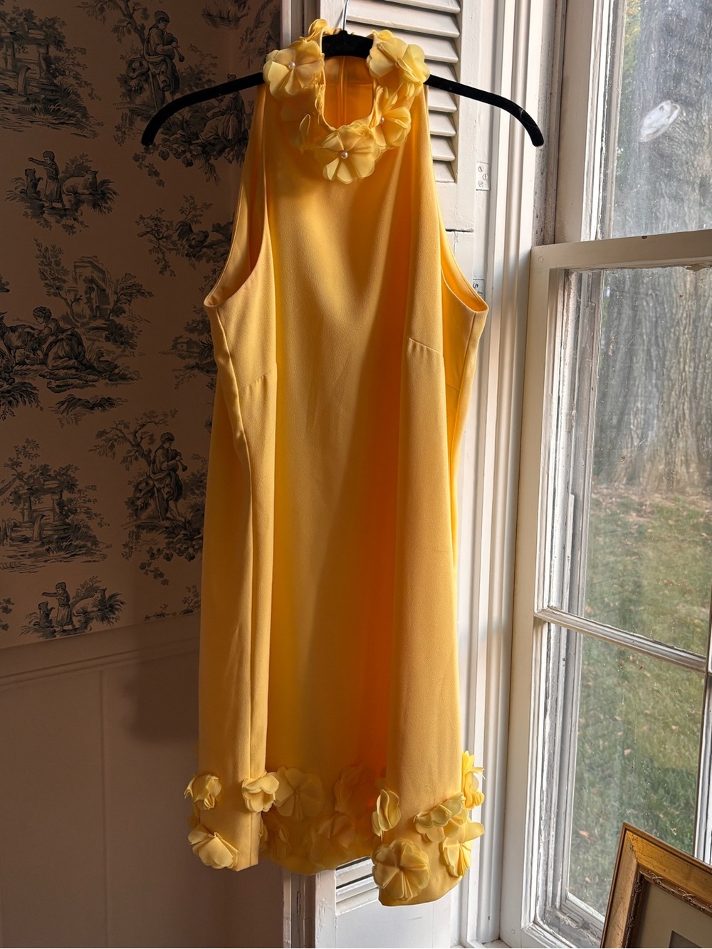 Yellow Floral Trim Halter Dress